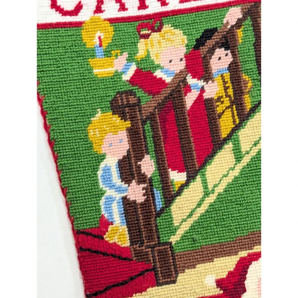 Vintage Needlepoint Stocking Santa Train Kids Stairs Quality Handmade w/Name